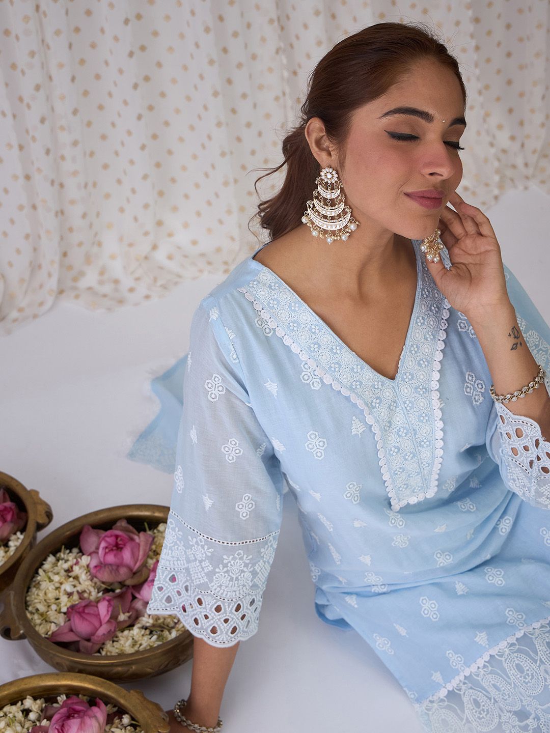 Blue Floral Embroidered Thread Work Pure Cotton Kurta With Trousers & Dupatta