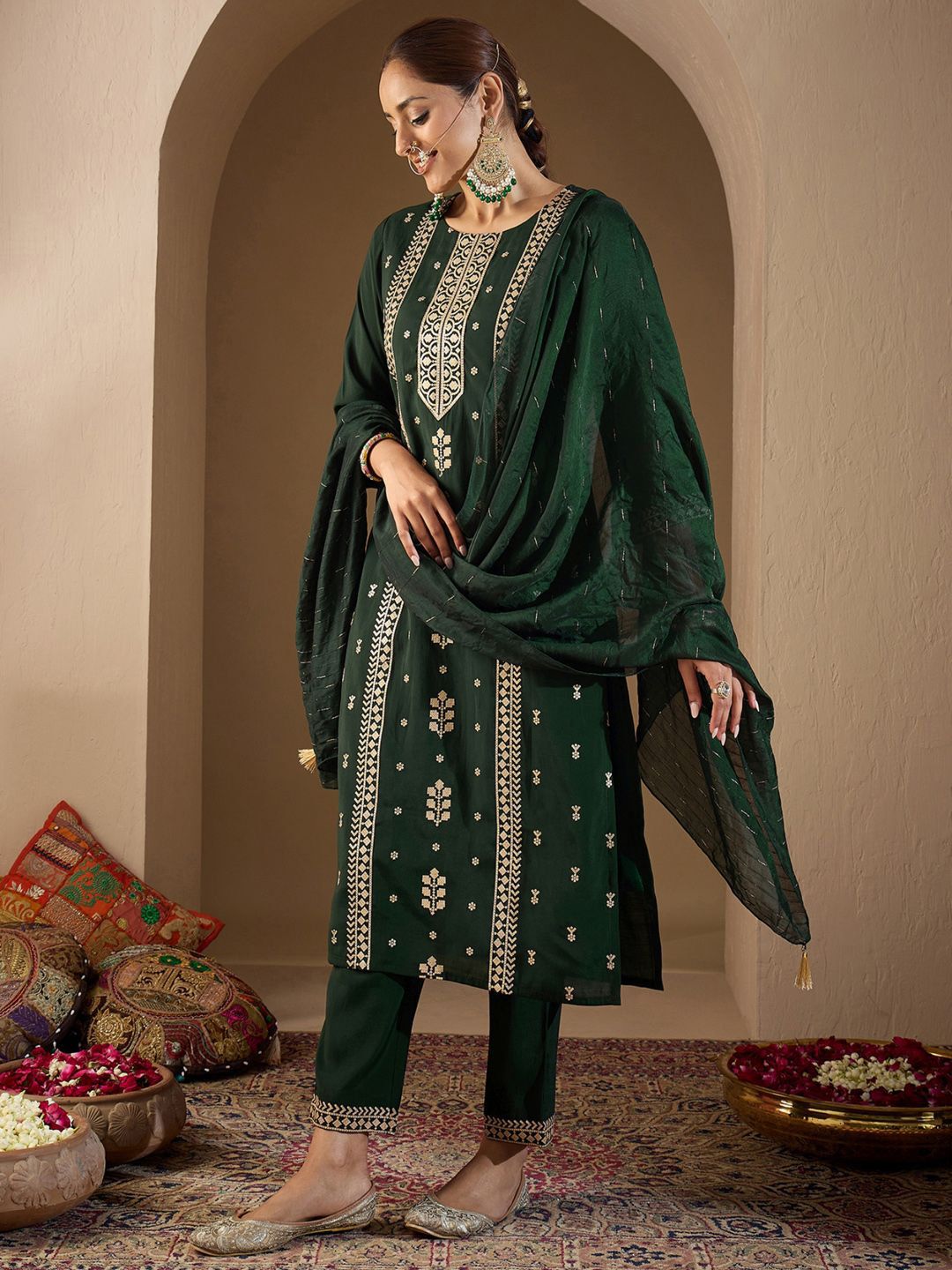Women Ethnic Motifs Embroidered Regular Sequinned Kurta with Trousers & With Dupatta
