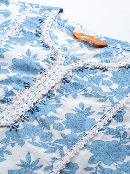 Dhiyona IE Floral Printed Panelled Beads & Stones Pure Cotton Kurta With Trousers & Dupatta