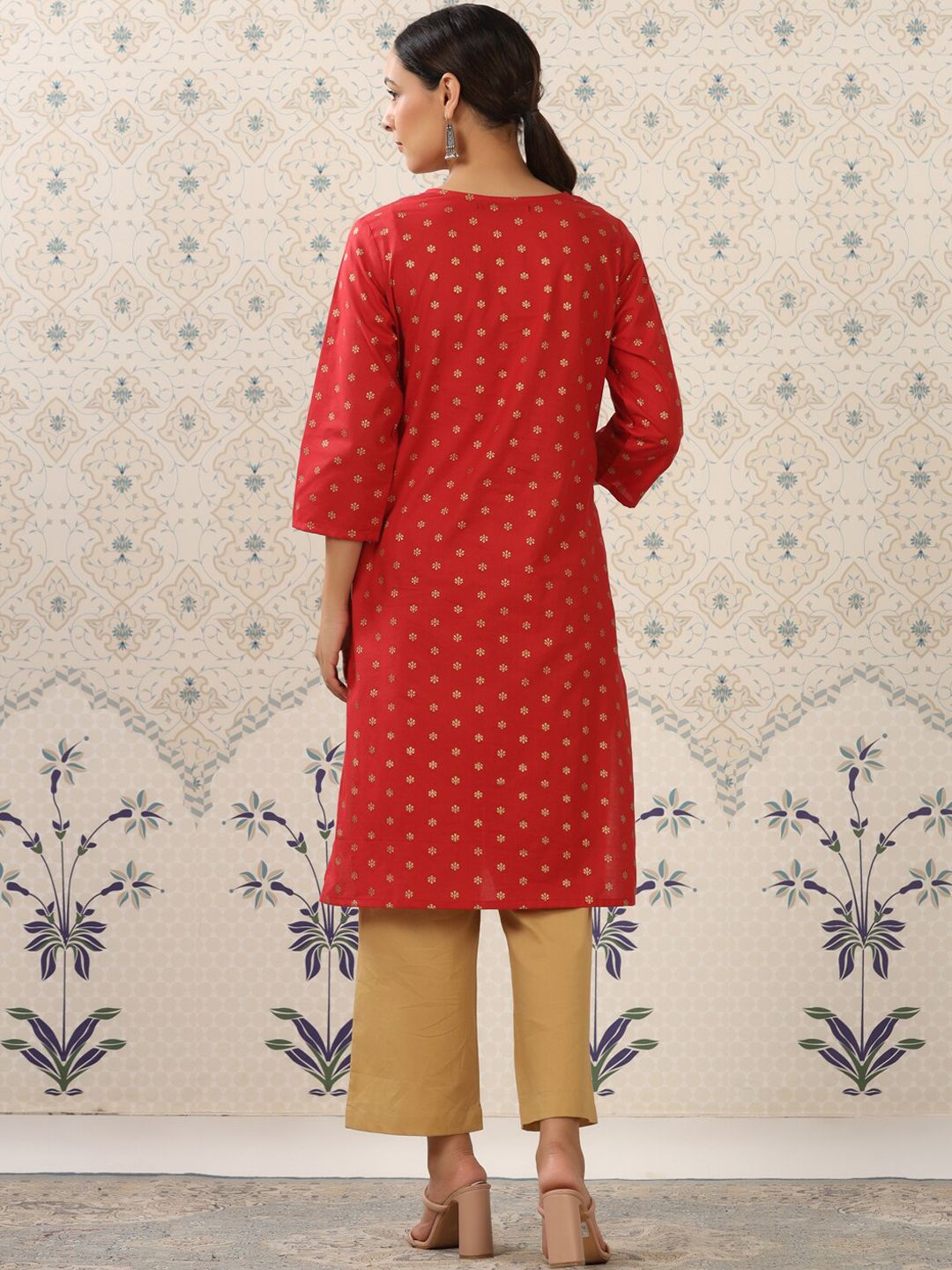Dhiyona OD  Red & Beige Printed V Neck Pure Cotton Kurta With Palazzos