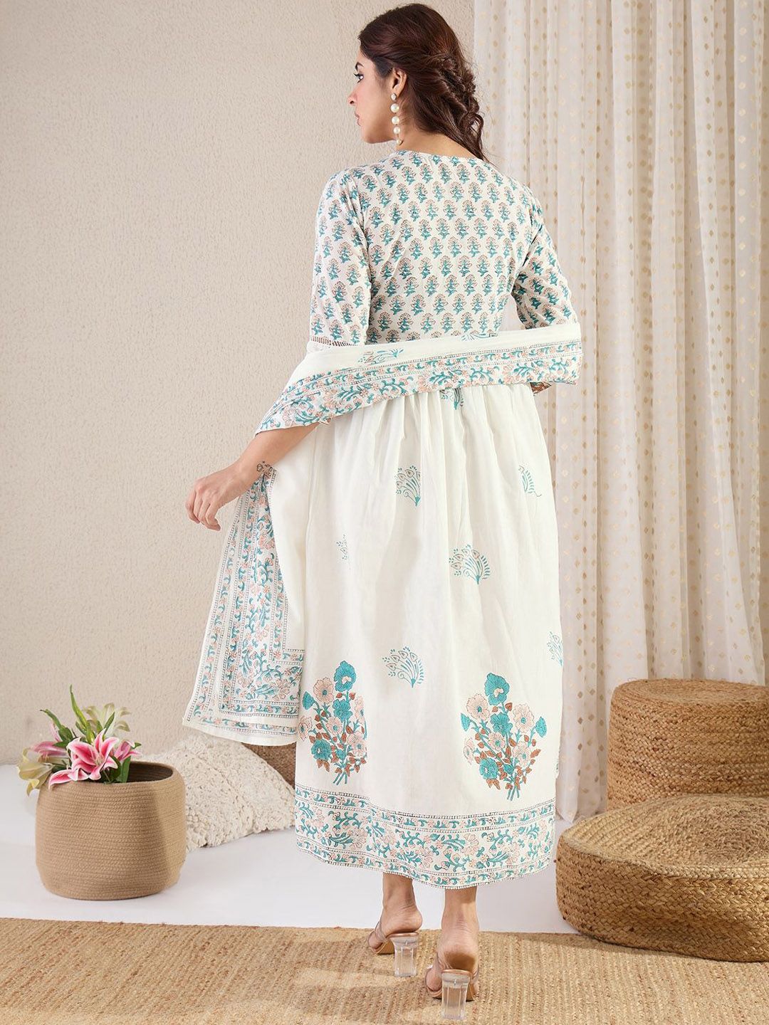 Dhiyona IE Floral Printed V Neck Empire A Line Pure Cotton Kurta With Trousers & Dupatta