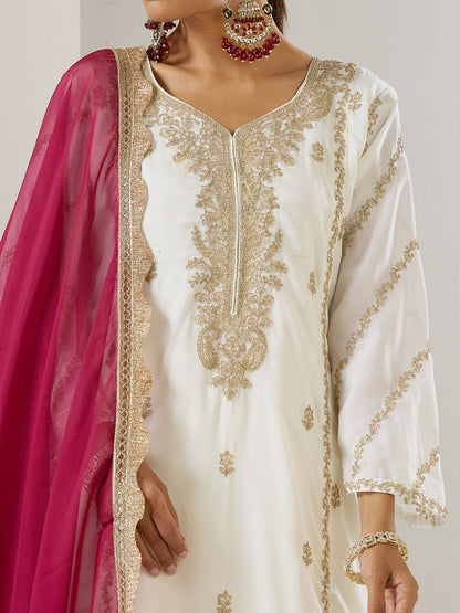 Dhiyona IS Women's Off White Ethnic Motifs Embroidered Straight Kurta With Trousers & Dupatta