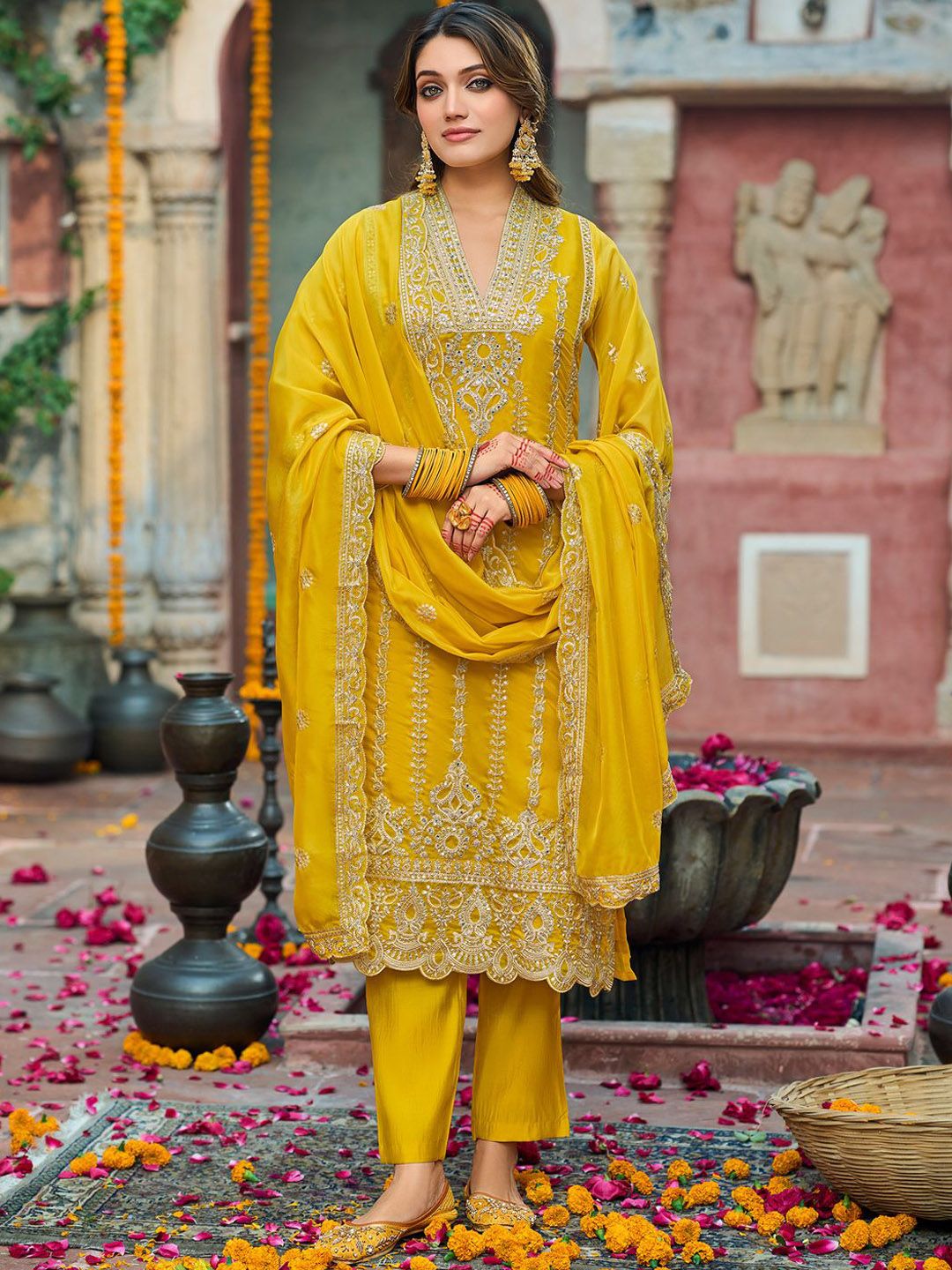 Floral Embroidered V-Neck Zari Organza Kurta With Trousers And Dupatta