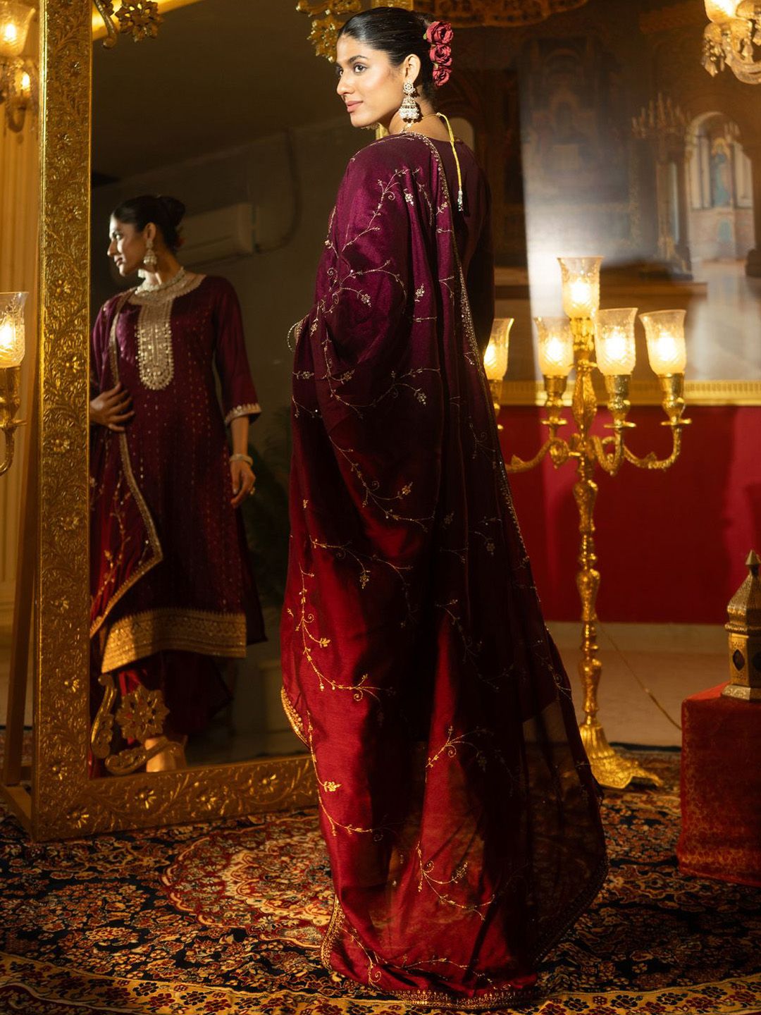 Women Ethnic Motifs Embroidered Regular Sequinned Kurta with Trousers & With Dupatta