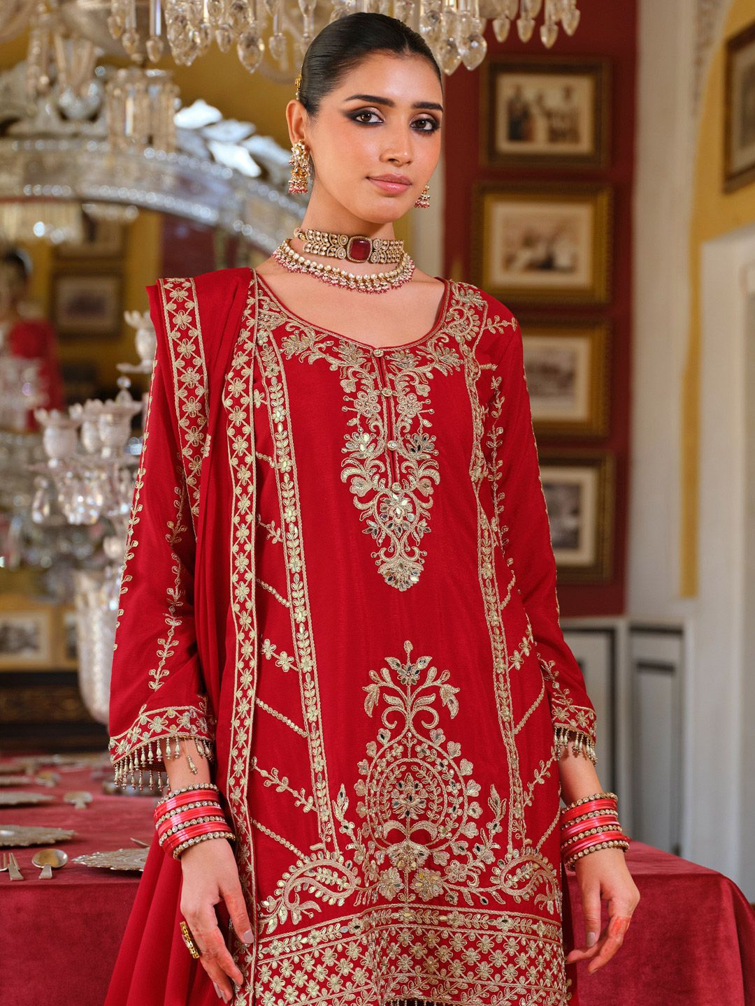 Adults-Women Woven Design Embroidered Kurta with Palazzos & Dupatta