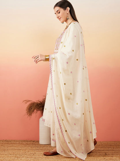 Dhiyona SN Women's Floral Embroidered Pure Cotton Straight Kurta With Palazzo & Dupatta