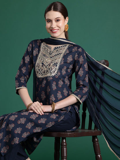 Dhiyona IE Ethnic Motifs Printed Sequinned Pure Cotton Kurta With Trousers & Dupatta