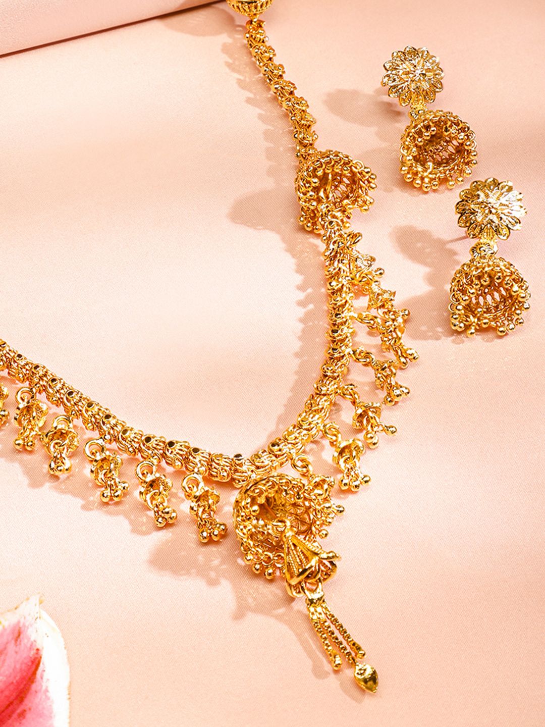 Dhiyona RJ Women's 22K Gold Plated Floral Design Golden Beaded Detailed Necklace & Earrings Set