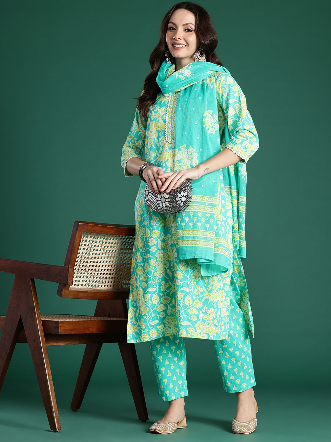 Dhiyona IE Floral Printed Pure Cotton Kurta with Trousers & With Dupatta
