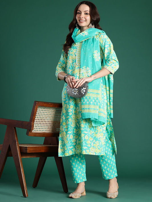 Dhiyona IE Floral Printed Pure Cotton Kurta with Trousers & With Dupatta