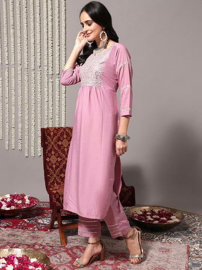 Dhiyona VA Women's Pink & Silver-Toned Yoke Design Kurta with Palazzos & Dupatta