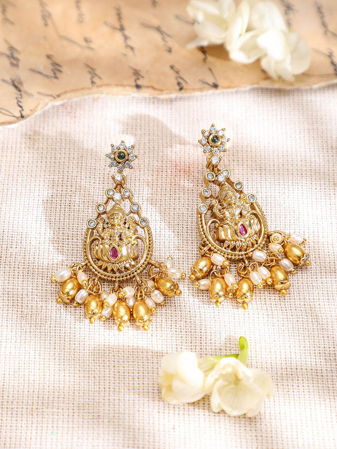 Dhiyona RJ Women's 22K Gold-Plated Pink Green & Cubic Zirconia Divine Lakshmi Temple Choker Set