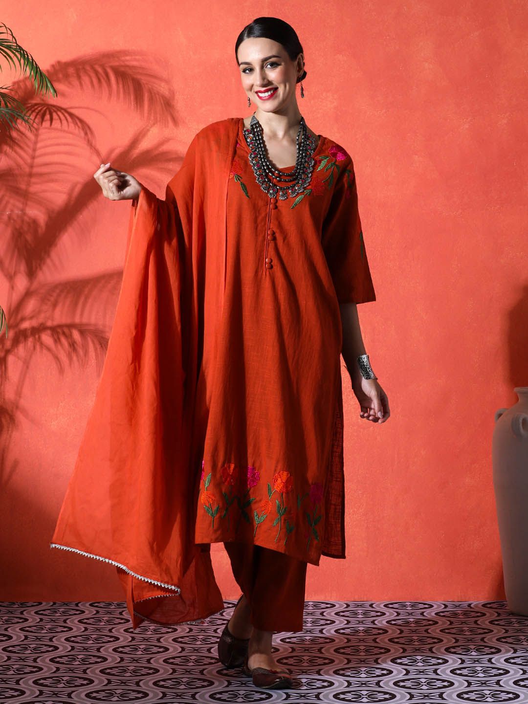 Dhiyona SN Women's Embroidered A-Line 100% Cotton Kurta & Trousers Kurta Set