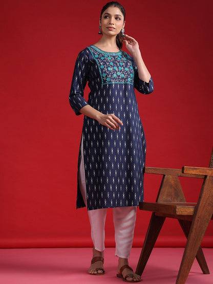 Dhiyona IE Ethnic Motifs Round Neck Regular Mirror Work Straight Kurta Kurta