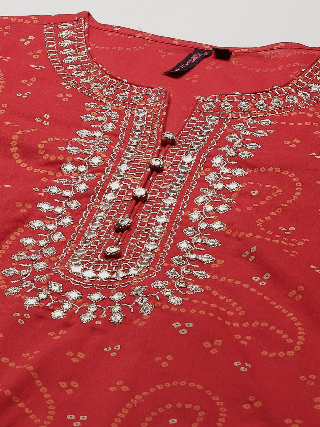 Dhiyona IS Women's Women Red Bandhani Embroidered Regular Aari Work Pure Cotton Kurta with Sharara & With Dupatta