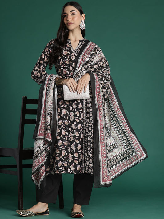 Dhiyona IE Women Floral Printed Angrakha Pure Cotton Kurta with Trousers & With Dupatta