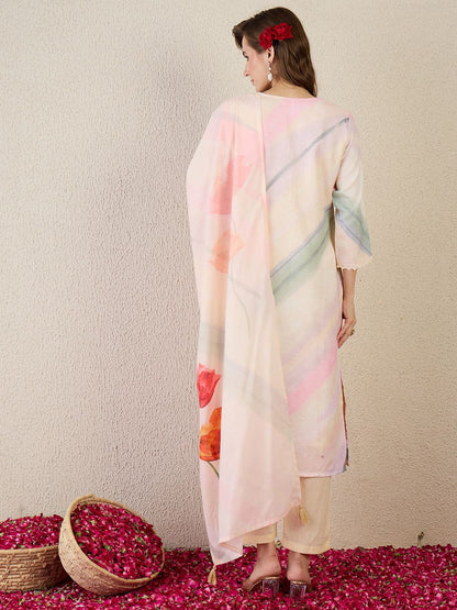 Floral Printed Notch Neck Straight Kurta With Trouser & Dupatta