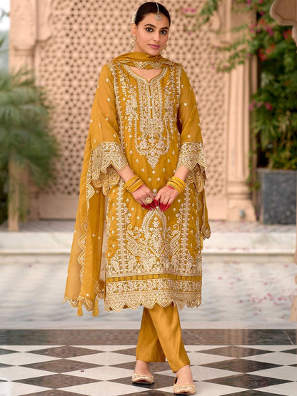 Floral Embroidered Zari Organza Kurta With Trousers And Dupatta