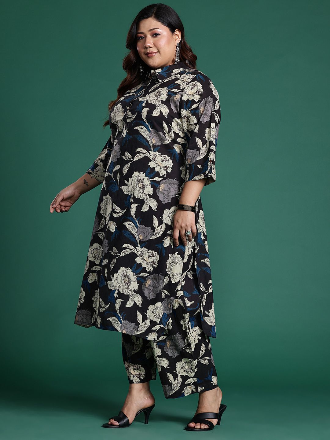 Plus Size Floral Printed Fusion Pure Cotton Kurta with Trousers