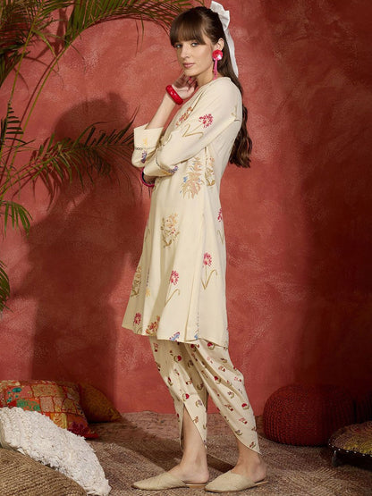 Floral Printed V-Neck Straight Kurta with Dhoti Pants
