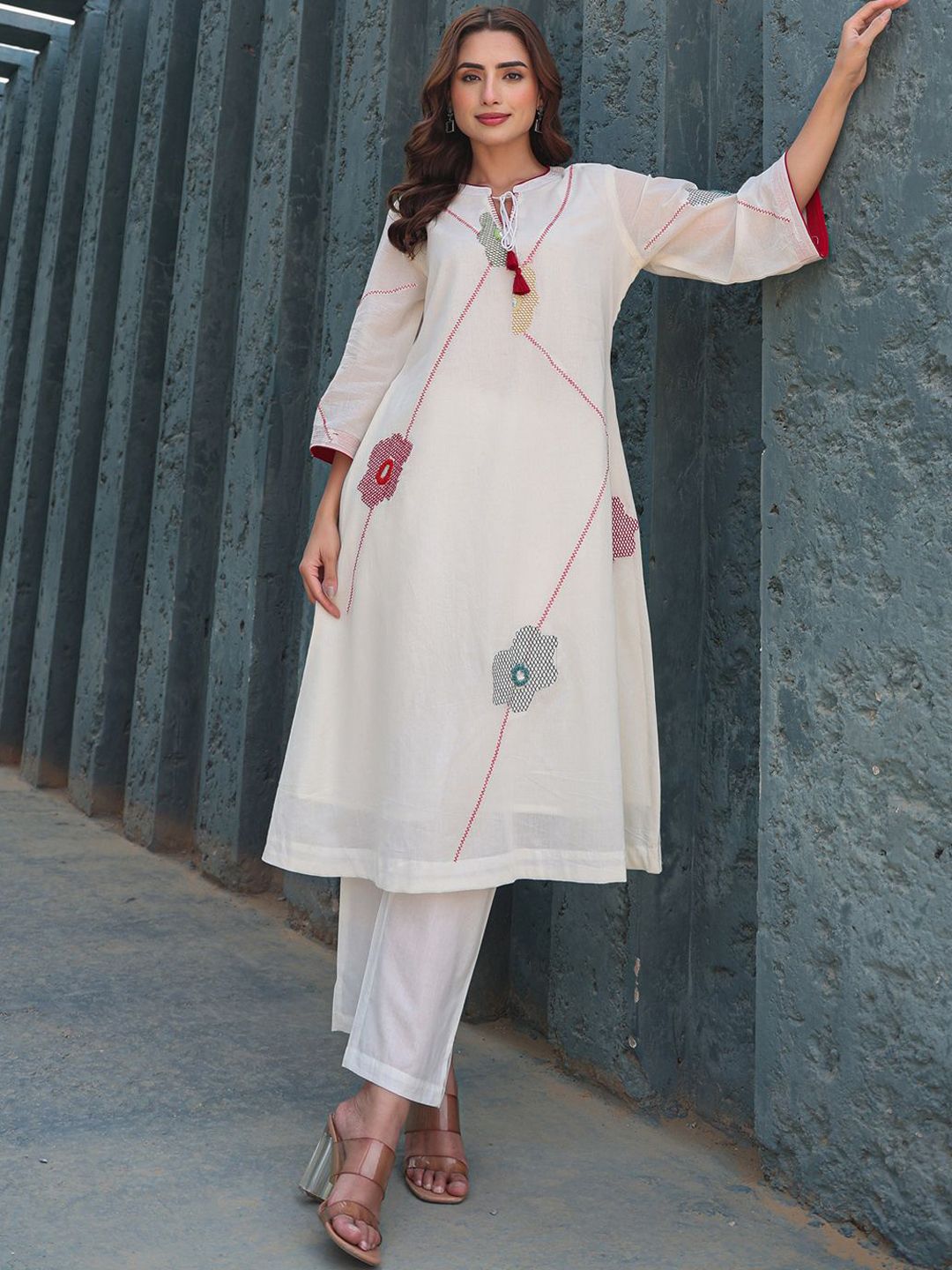 Floral Embroidered Mirror Work Tie-Up Neck Pure Cotton A-Line Kurta With Trousers