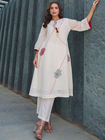 Floral Embroidered Mirror Work Tie-Up Neck Pure Cotton A-Line Kurta With Trousers