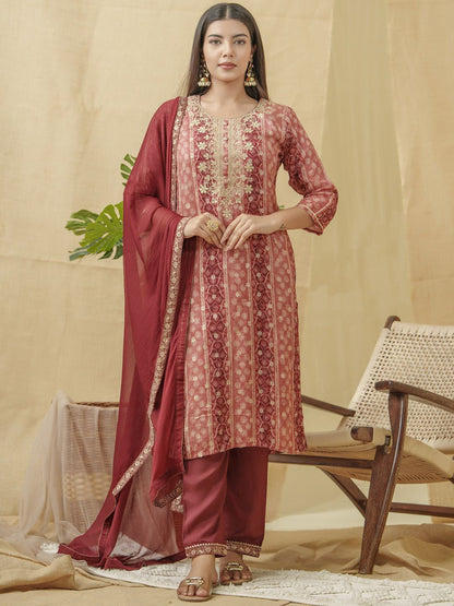 Dhiyona PD Women Bandhani Printed Thread Work Linen Kurta With Trousers & Dupatta