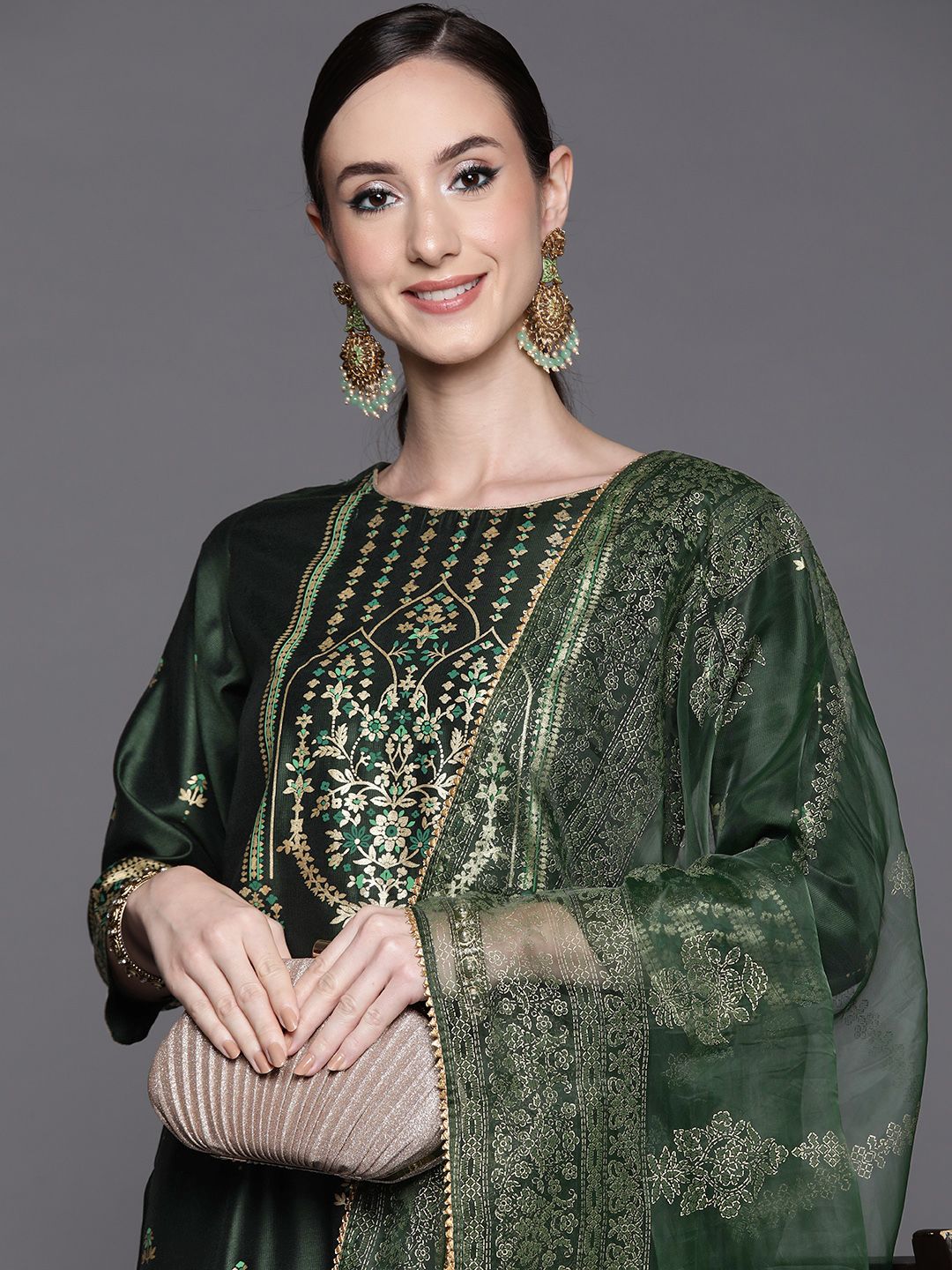 Dhiyona IE Women Green Ethnic Motifs Printed Liva Kurta with Palazzos & With Dupatta