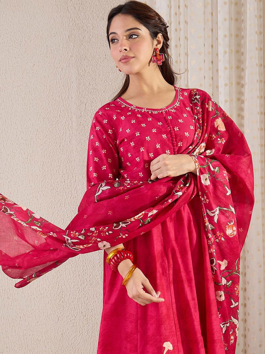 Floral Printed Pure Cotton A-Line Kurta With Trousers & Dupatta