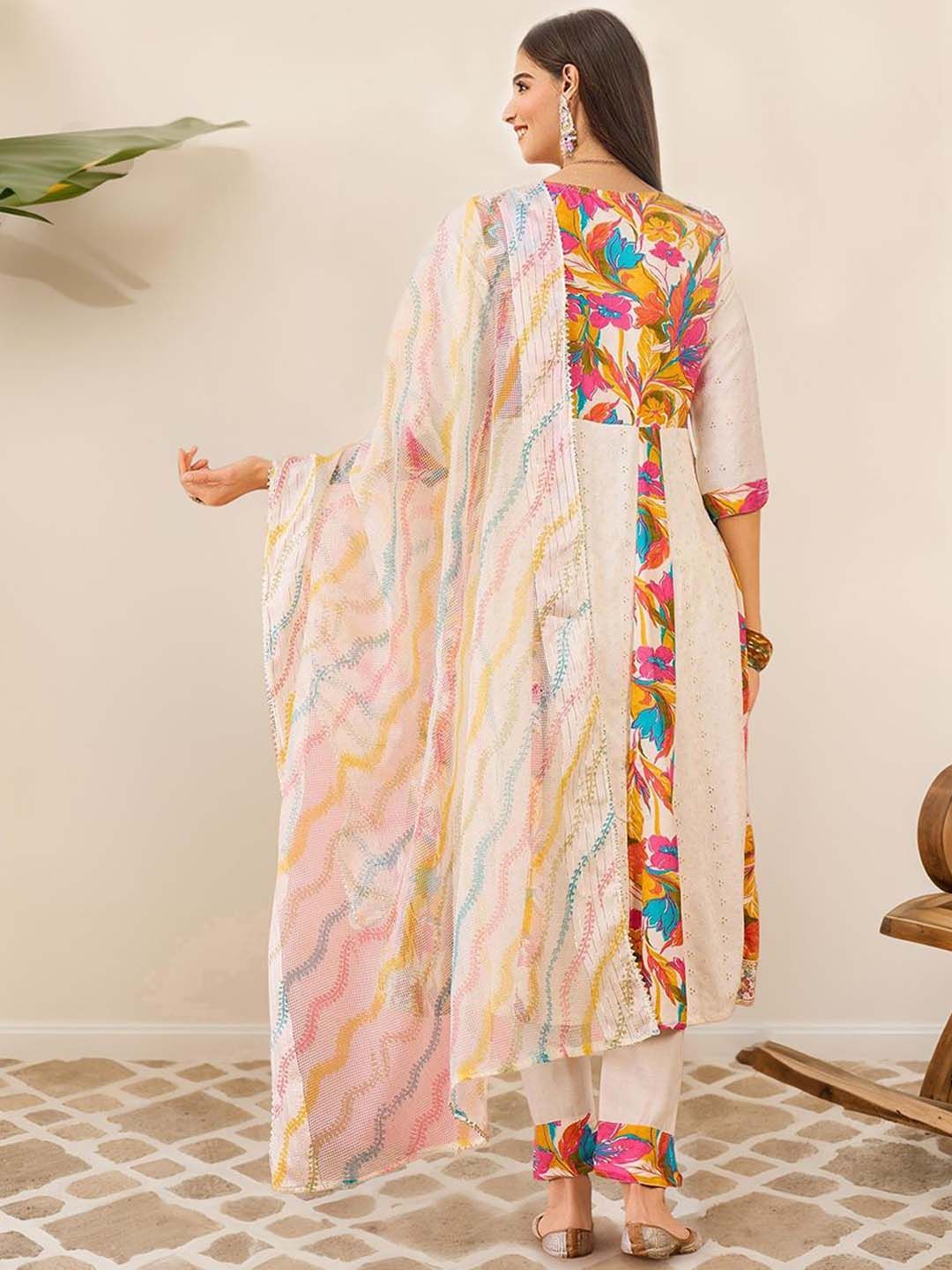 Dhiyona IS Women's Floral Printed A-Line Mirror Work Kurta with Trousers & Dupatta