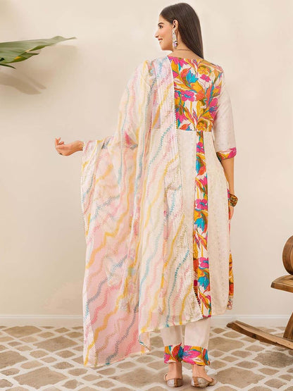 Dhiyona IS Women's Floral Printed A-Line Mirror Work Kurta with Trousers & Dupatta