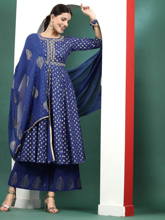 Dhiyona SN Women's Blue Floral Embroidered Pure Cotton A-Line Kurta & Trousers With Dupatta
