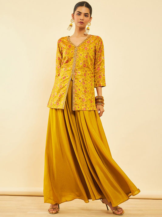 Dhiyona SO Women's Alina Cut Ethnic Motifs Printed Regular Zardozi Kurti with Palazzos & Dupatta