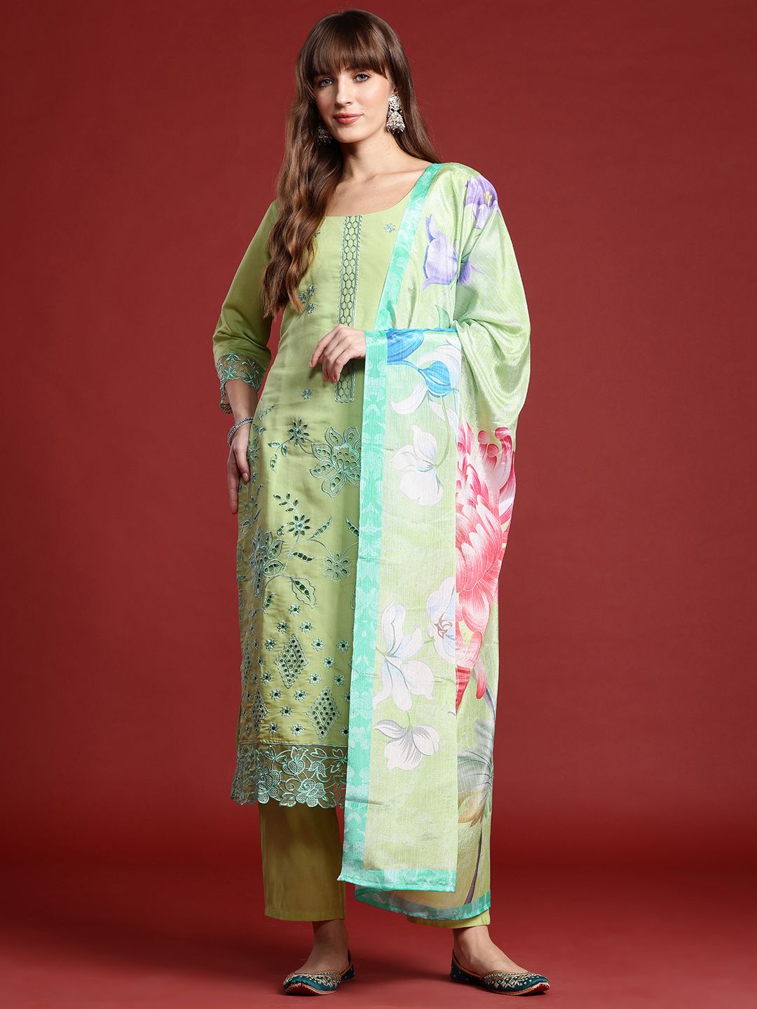 Floral Embroidered Thread Work Kurta With Trousers & Dupatta