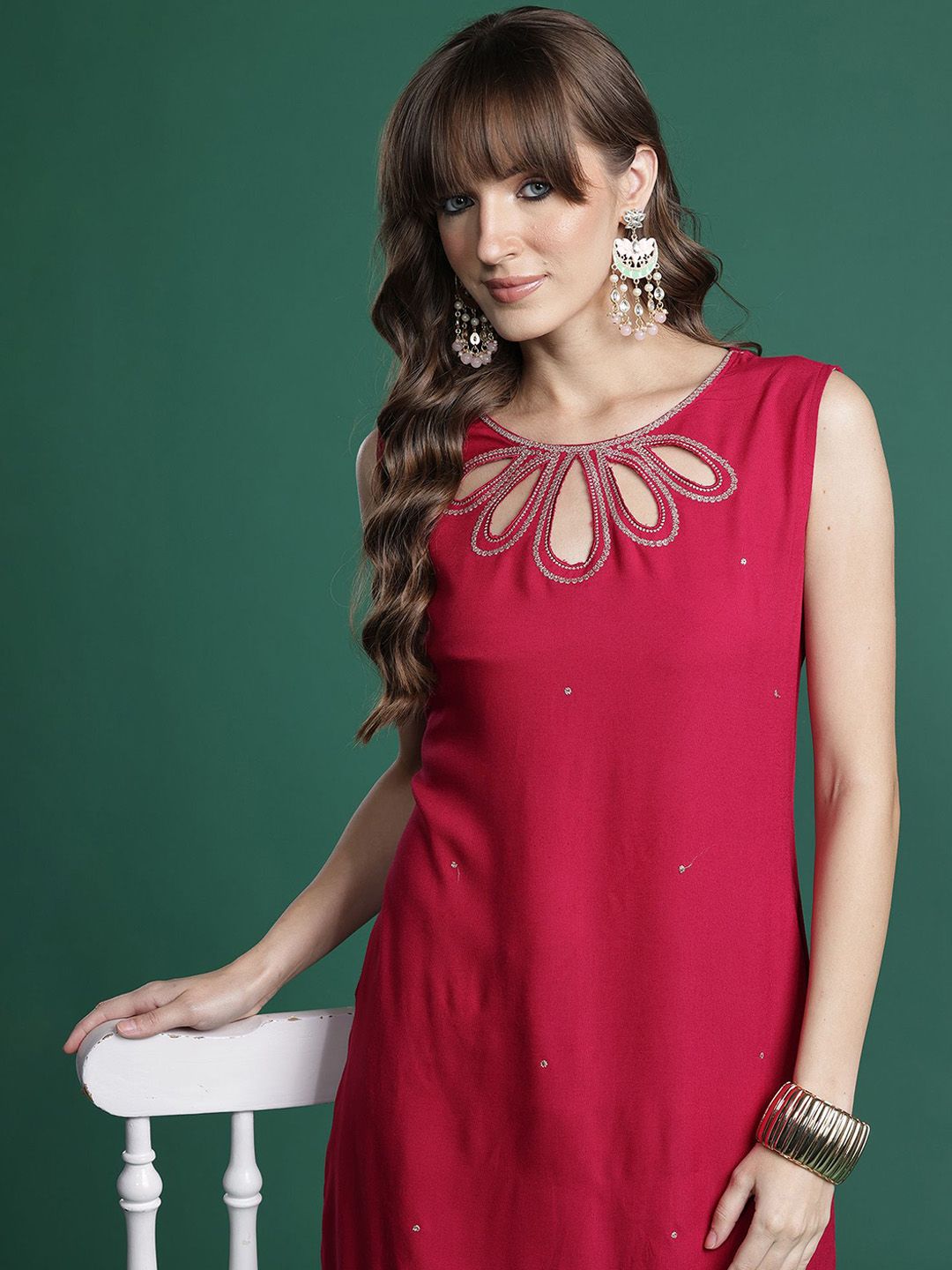 Dhiyona IE Self Designed Round Neck Straight Top With Trousers Co-Ords