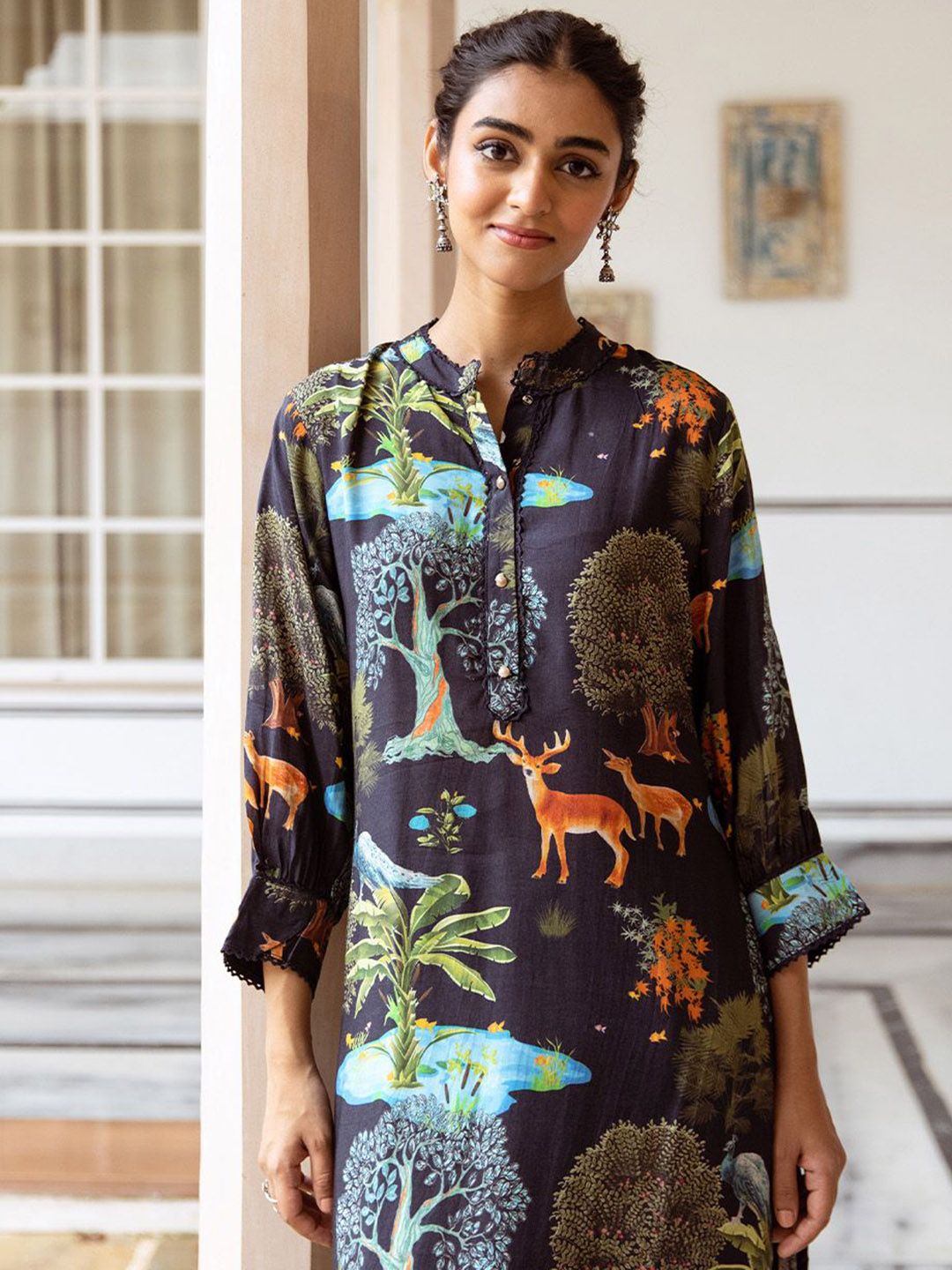 Dhiyona IS Women's Floral Printed Round Neck Three Quarter Sleeves Straight Kurta With Palazzos