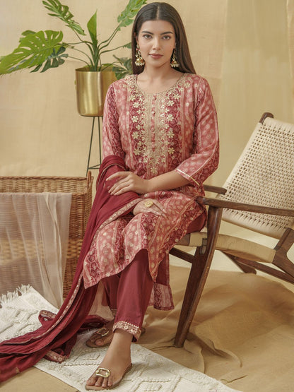 Dhiyona PD Women Bandhani Printed Thread Work Linen Kurta With Trousers & Dupatta