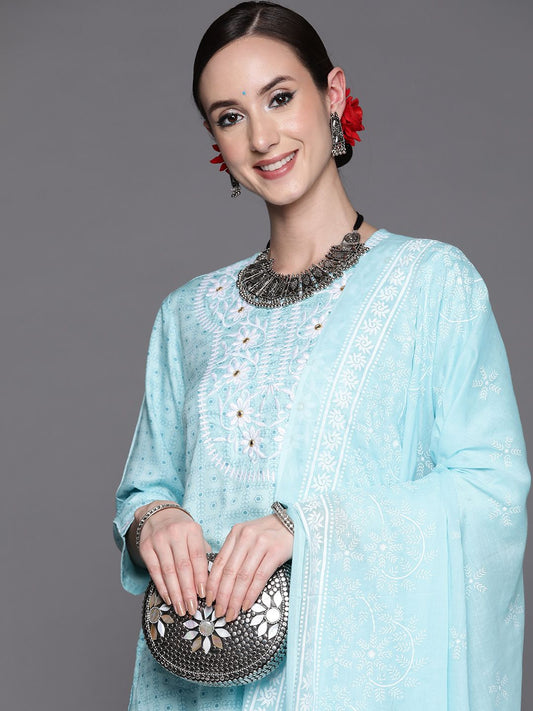 Dhiyona IE Women Turquoise Blue Floral Embroidered Mirror Work Chanderi Silk Kurta with Trousers & With