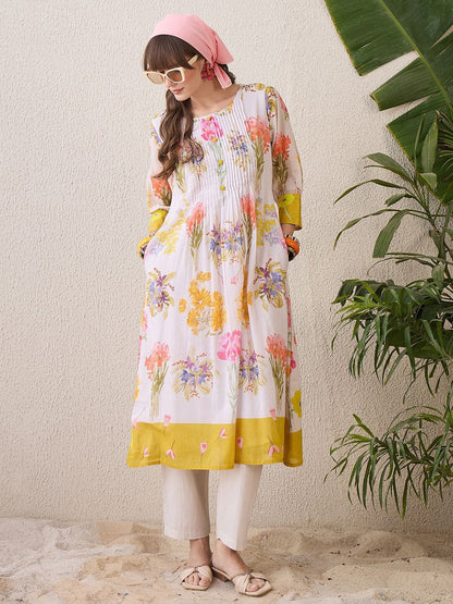 Dhiyona IE Floral Printed Round Neck Pure Cotton Straight Kurta With Trouser