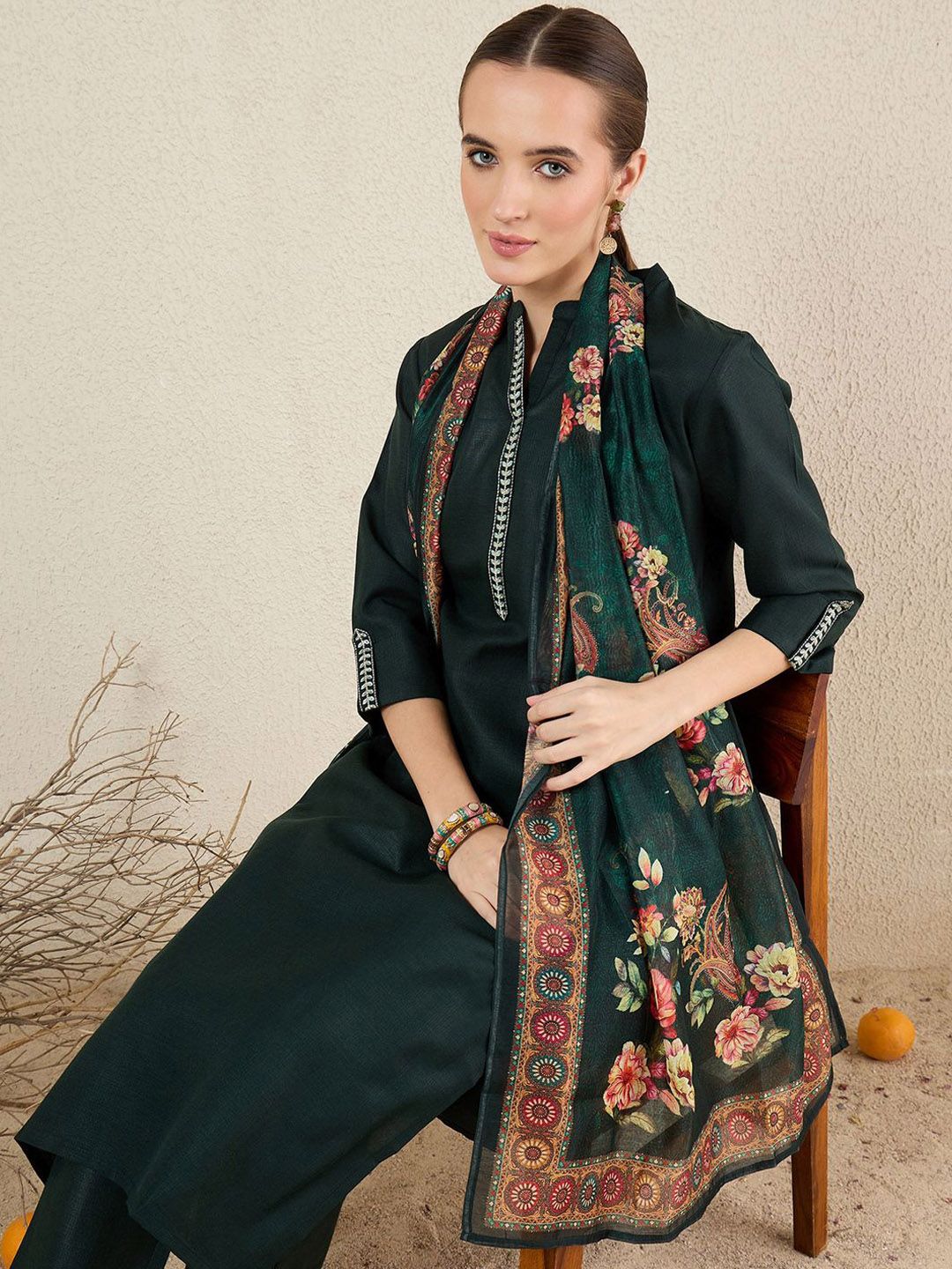 Women Embroidered Regular Kurta with Trousers & Dupatta