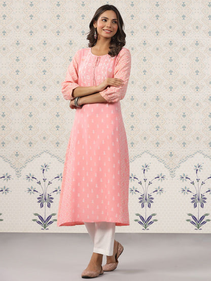 Dhiyona OD  Ethnic Motif Printed Tie Up Neck A-Line Kurta With Trousers