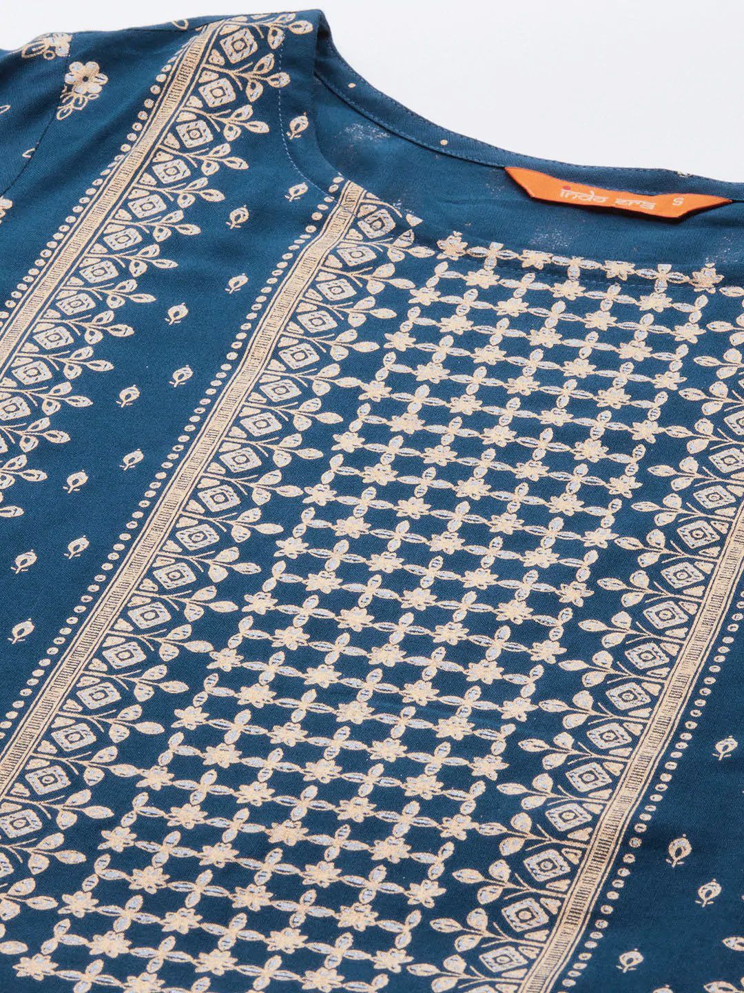 Dhiyona IE Women Navy Blue & Golden Foil Printed Straight Kurta