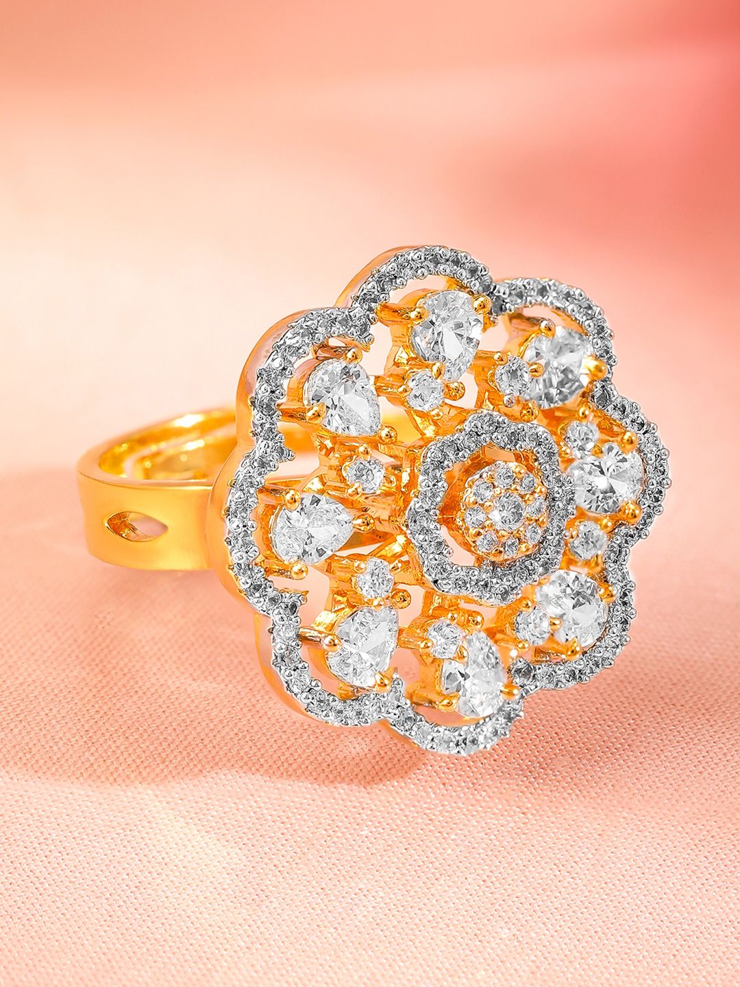 Dhiyona RJ Women's 22K Gold-Plated Floral Design Cubic Zirconia Studded Adjustable Finger Ring