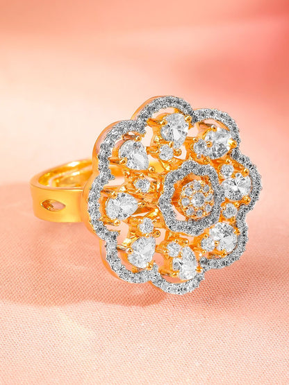 Dhiyona RJ Women's 22K Gold-Plated Floral Design Cubic Zirconia Studded Adjustable Finger Ring