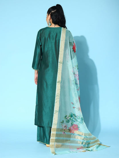 Dhiyona IE Ethnic Motifs Embroidered Sequinned Liva Kurta with Palazzos & Dupatta