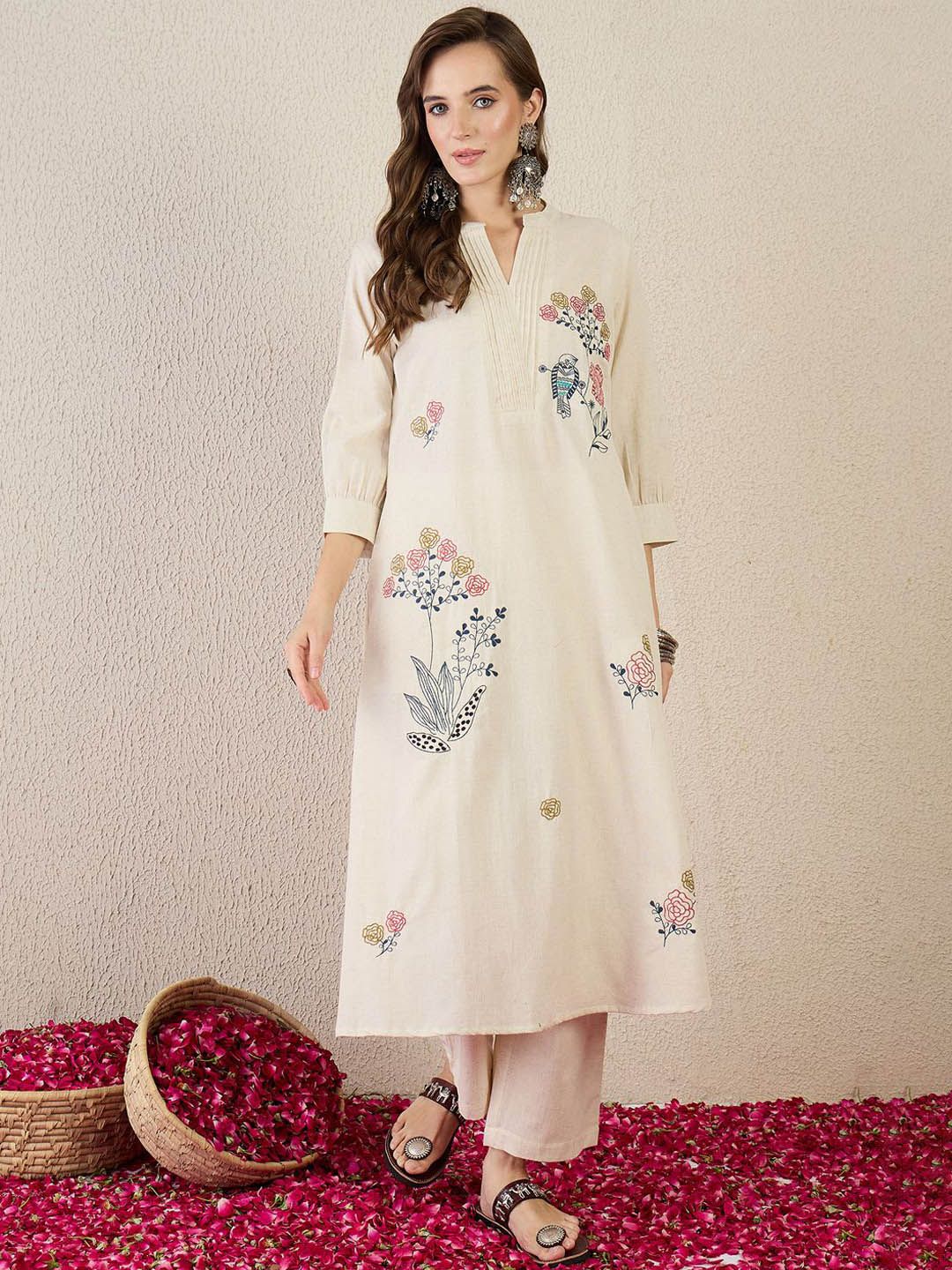 Dhiyona IE Embroidered Cotton Mandarin Collar Neck Top With Palazzos Co-Ords