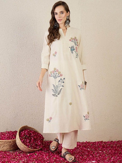 Dhiyona IE Embroidered Cotton Mandarin Collar Neck Top With Palazzos Co-Ords