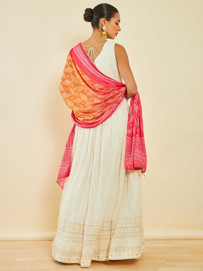 Dhiyona SO Women's Off White Floral Embroidered Sequinned Anarkali Kurta With Churidar & Dupatta