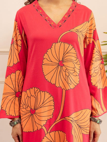 Dhiyona IE Pink Printed V-Neck Long Sleeve Tunic With Trouser Co-Ords