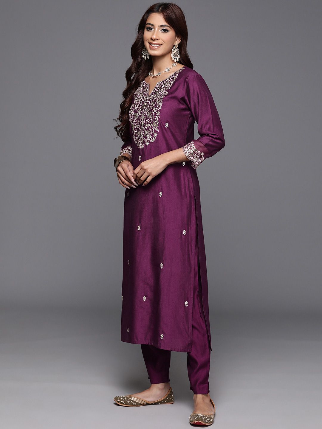 Floral Embroidered Sequinned Liva Kurta with Trousers & Dupatta
